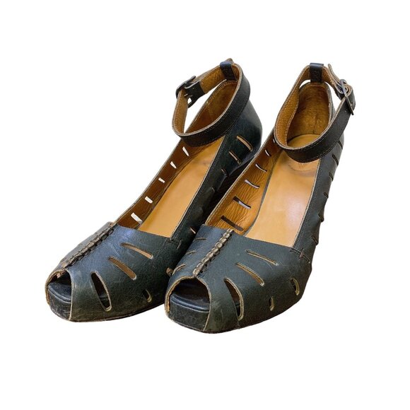 Frye Gwen Ankle Strap Black Leather Wedge Sandals 9.5 - Picture 1 of 11